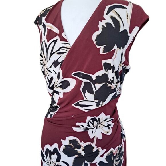 LAUREN Ralph Lauren Burgundy Floral Jersey Draped Sheath Dress Size 16 - Picture 4 of 7